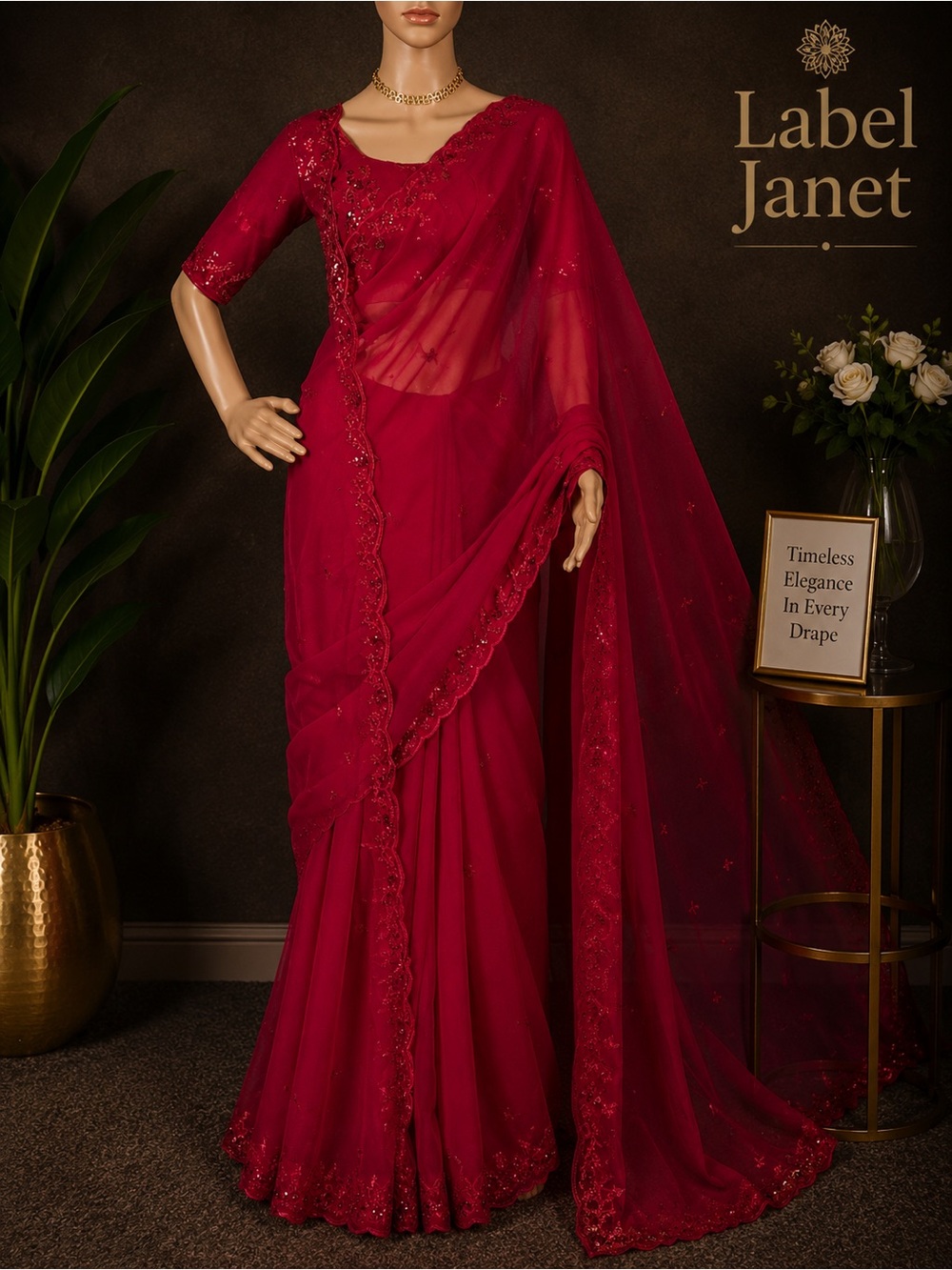 Red Chiffon Saree Dress with Embroidered Detail(Brand New)